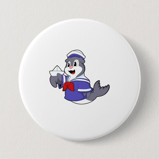 Bóton Redondo 7.62cm Selo como marinheiro com barco (Frente)