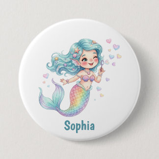 Bóton Redondo 7.62cm Sereia Fofa Nome Personalizado Aniversário