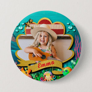 Bóton Redondo 7.62cm Sereia, Seashell, Amigos de Animais do Mar, Recife