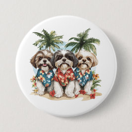 Bóton Redondo 7.62cm Shih Tzu Dogs Vestindo camisas havaianas
