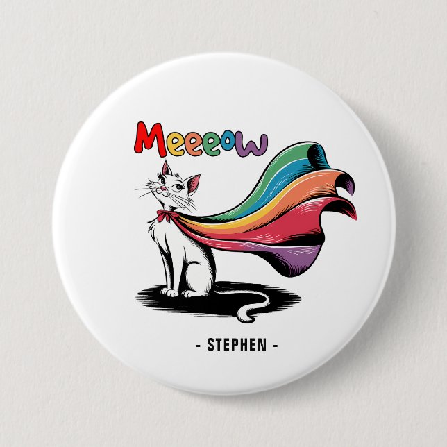 Bóton Redondo 7.62cm Super Cat Meeow - Rainbow Cape Pride Cat (Frente)