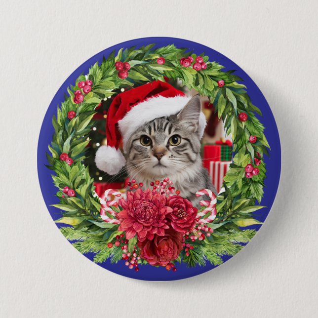 Bóton Redondo 7.62cm Tabby Christmas Wreath Button (Frente)
