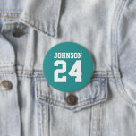 Bóton Redondo 7.62cm Teal and White Athlett Name Jersey Number<br><div class="desc">Anime-se com a sua equipe desportiva favorita, jogador de futebol ou mostre seu orgulho escolar com um botão personalizado de espírito! Adicione o nome da sua escola ou personalize com o nome de um jogador e o número de camisa. Perfeito para jogos de futebol, basquetebol, baseball e futebol! Crie pinos...</div>
