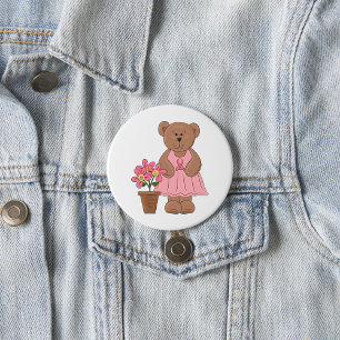 Bóton Redondo 7.62cm Urso de Consciência do Cancer em Vestido Rosa