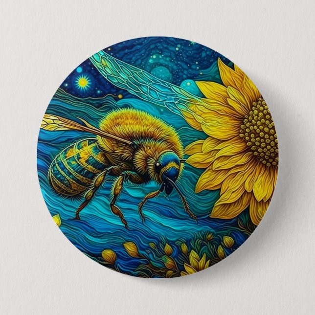 Bóton Redondo 7.62cm Van Gogh Style Bee & Sunflower (Frente)