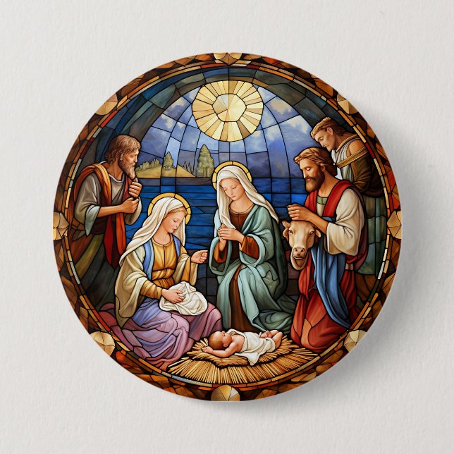 Bóton Redondo 7.62cm Vitral da Natividade de Natal (Frente)