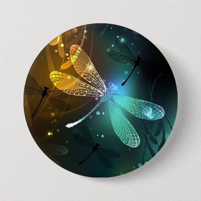 Bóton Redondo 7.62cm Voo luminoso verde de libélula (Frente)