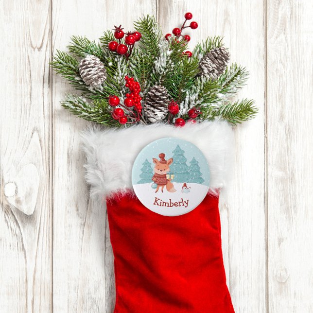Bóton Redondo 7.62cm Woodland Fox, Natal Personalizado (Personalized Christmas Stocking Name Tag Button)