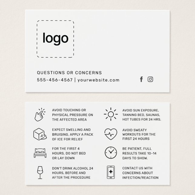 Botox Filler Injection Aftercare Instruction Card (Frente & Verso)
