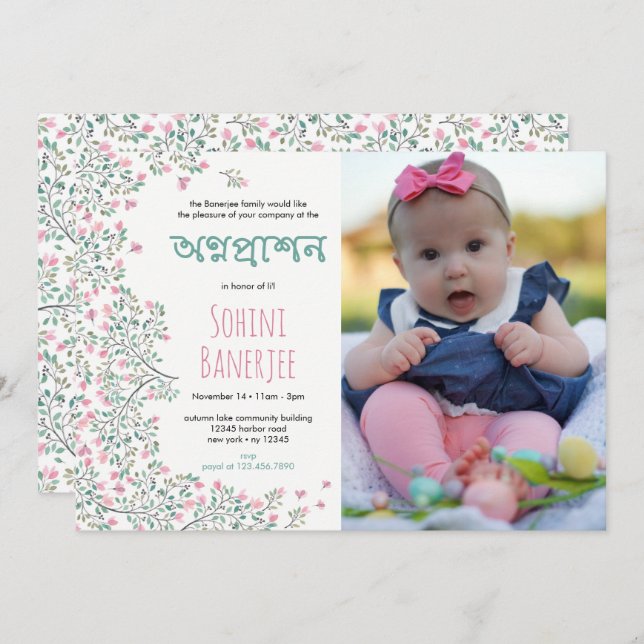 Bougainvillea Annaprashan Primeiro Convite Fotográ (Frente/Verso)