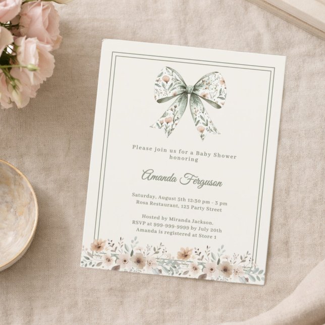 Bow florals green ivory Baby Shower invitation (Criador carregado)