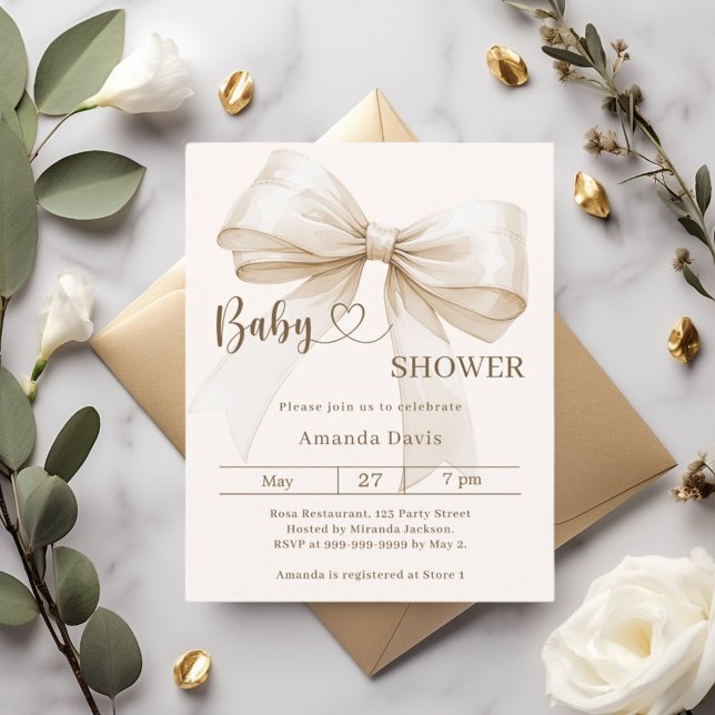 Bow gender neutral beige Baby Shower invitation (Criador carregado)