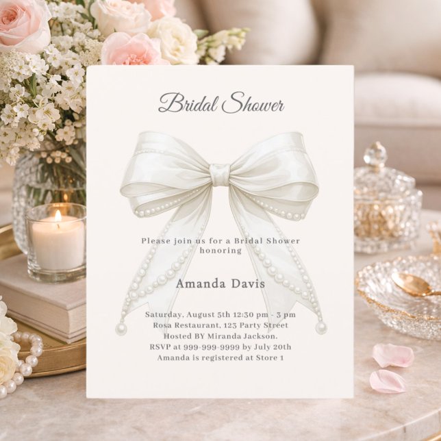 Bow ivory pearls elegant Bridal Shower invitation (Criador carregado)