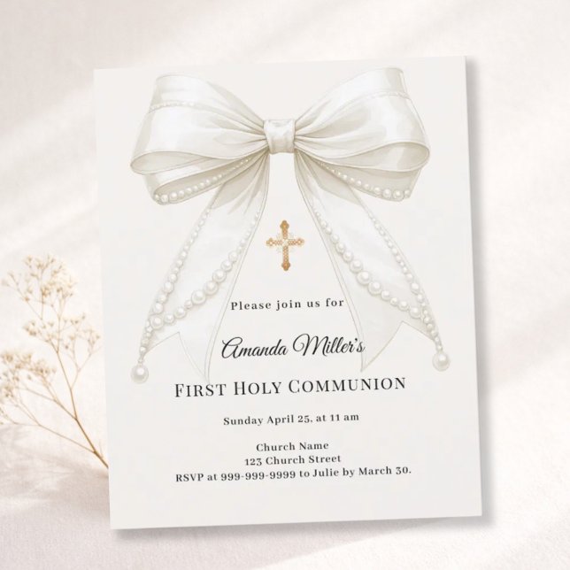 Bow ivory pearls girl First Communion invitation (Criador carregado)