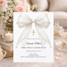 Bow ivory pearls girl First Communion invitation