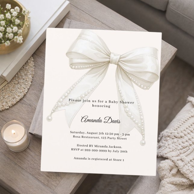 Bow ivory pearls luxury Baby Shower invitation (Criador carregado)