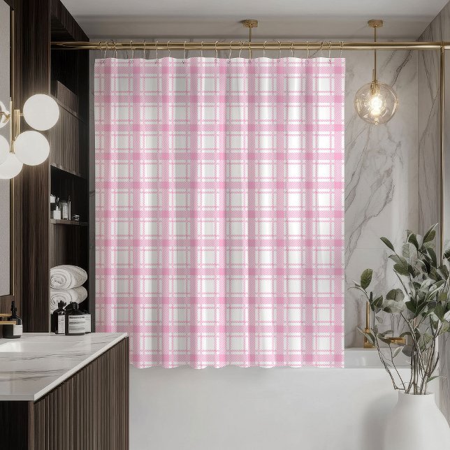 Box Cortina de Rosa Tinto Xadrez para Banho (Trendy Blush Curtain Light Pink Plaid for Bath)