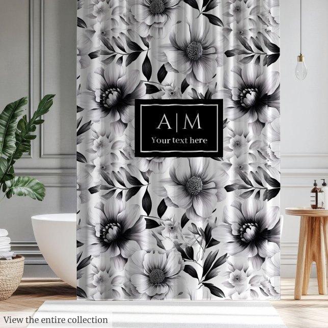 Box Cortina floral moderna preto e branco para banho (Modern black and white floral curtain for bath)