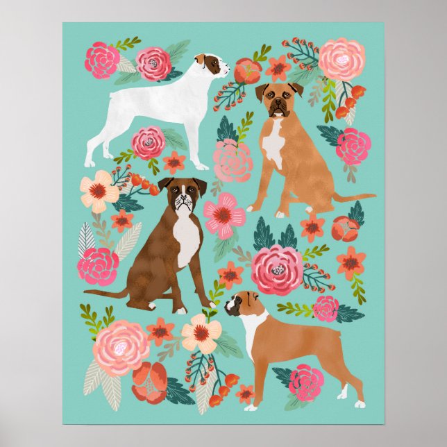 Boxer Dog Floral Art Impressão (Frente)