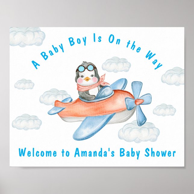 Boy Baby Shower Airplane Blue Penguin Poster (Frente)