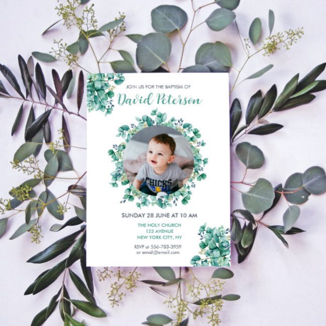 Boy Baptism Floral Teal Blue Wreath Convite (Boy Baptism Floral Teal Blue Wreath Invitation)