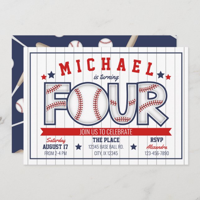 Boy Baseball 4.º Convite de Aniversário (Frente/Verso)