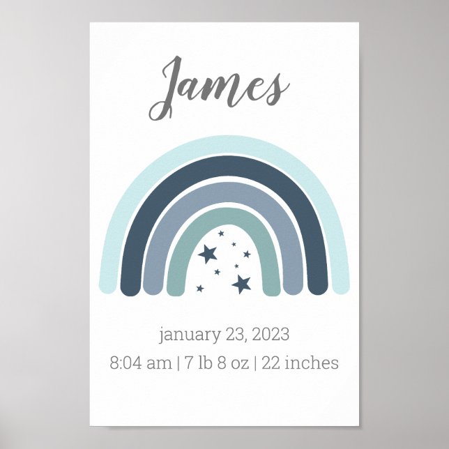Boys Birth Stats Poster Personalizado Arco-Íris (Frente)