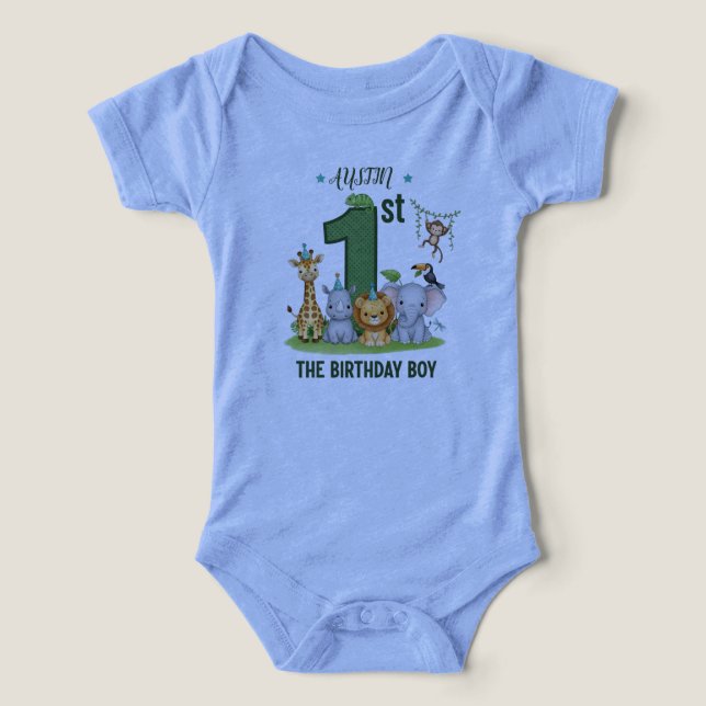 Boy's Blue Jungle Safari 1st Birthday Bodysuit (Design frontal)