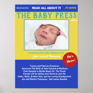 Boys Blue Yellow Keepsake Photo Birth Poster