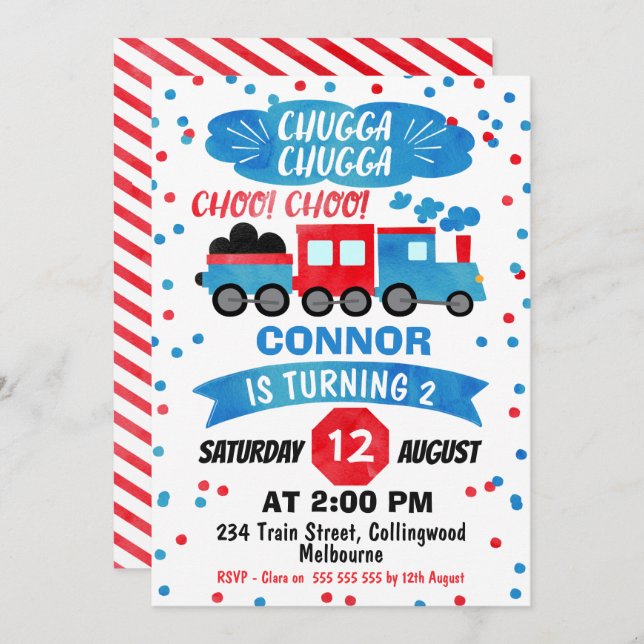 Boys Watercolor Train Birthday Convite (Frente/Verso)