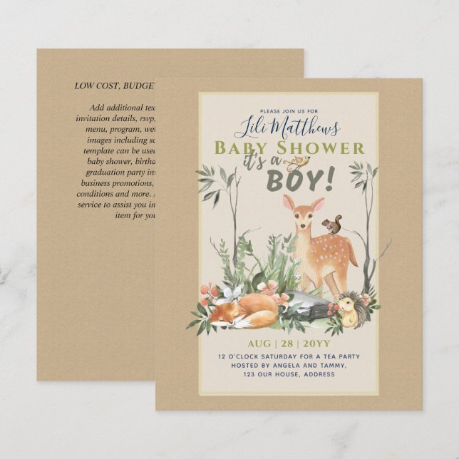 Boys Woodland Animal Forest Chá de fraldas Invites (Frente/Verso)