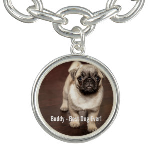 Bracelete Com Pingente Foto personalizada do cão do Pug e seu nome do cão