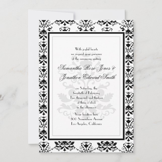 Branco com Damasco Negro Convite Elegante para Cas (Frente)