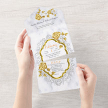 Branco com rendas Douradas e Rosas