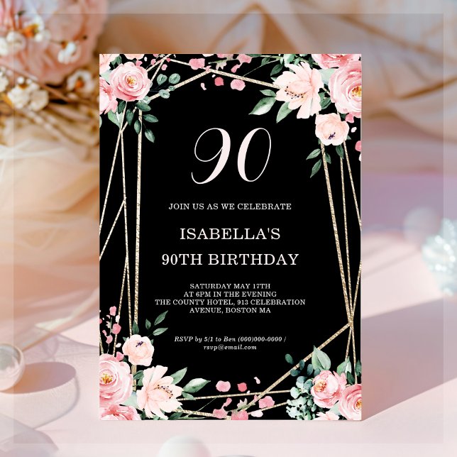 Branco | Convite de Aniversário para 90 Floral Cor (Criador carregado)