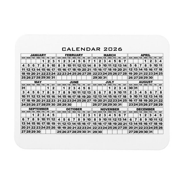 Branco do ímã de calendário para 2026 (Horizontal)