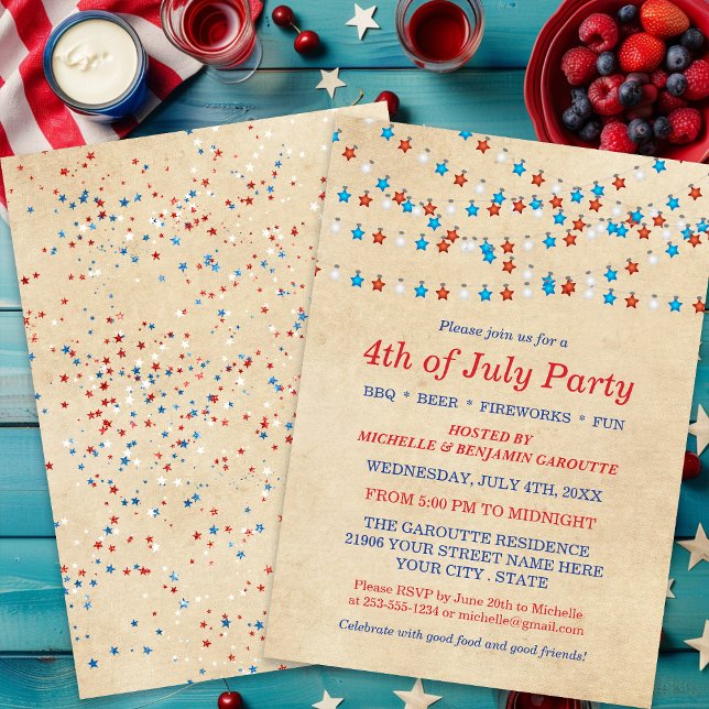Branco vermelho e azul 4 de julho Convite de festa (Red White and Blue 4th of July Party Invitation)