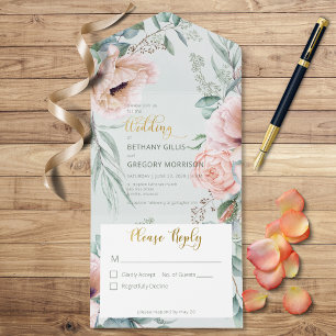 Brancos Blush Peonies Todos em Um Convite de casam