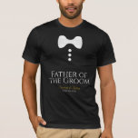 Bravo Pai da Camiseta Branca de Casamento<br><div class="desc">Estas camisetas divertidas são desenhadas como favores ou presentes para o pai do noivo. A t-shirt é preta e apresenta uma imagem de uma gravata branca de arco e três botões. O texto lê Pai da Almofada, e tem um lugar para o nome do casal de casamento e a data...</div>