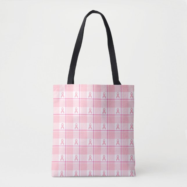 Breast Cancer Awareness Plaid Tote Bag, Pink (Frente)