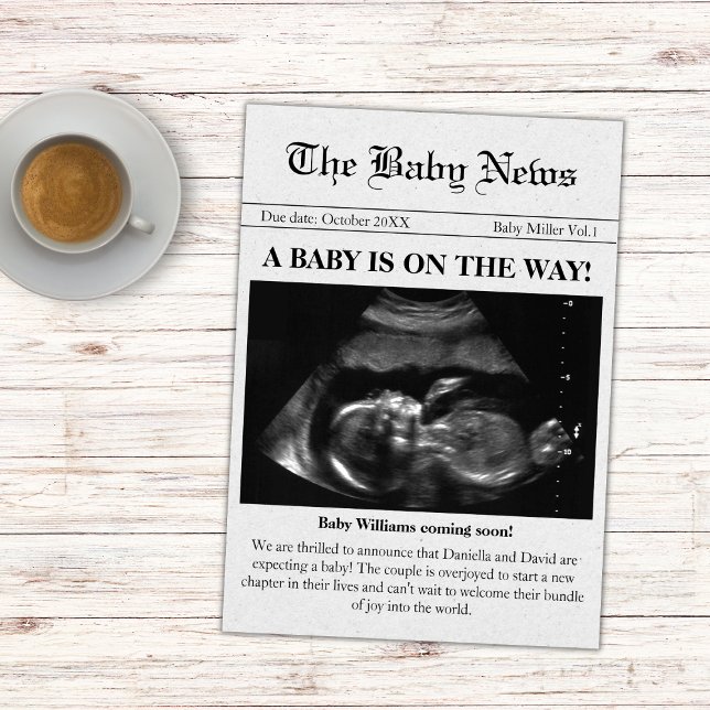 Brevemente Jornal Foto de Anúncio de Gravidez (newspaper pregnancy announcement card sonogram ultrasound photo coming soon baby on the way)
