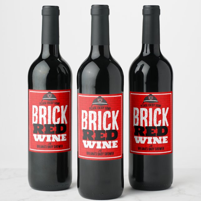 Brick Red Wine Fireglass - Rótulos de garrafas de  (Brick Red Wine Firetruck Baby Shower Wine Labels - Cute & Unique Addition to your Baby Shower)
