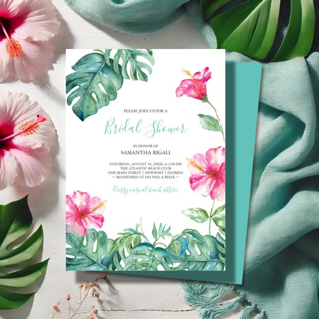 Bridal de Aquarela Rosa Tropical de Praia Tropical (Tropical Hawaiian bridal shower invitations with watercolor flowers and palm leaves V Grigaliunas)