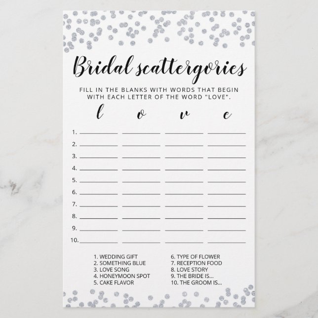Bridal Scattergories, Chá de panela de jogo editáv (Frente)