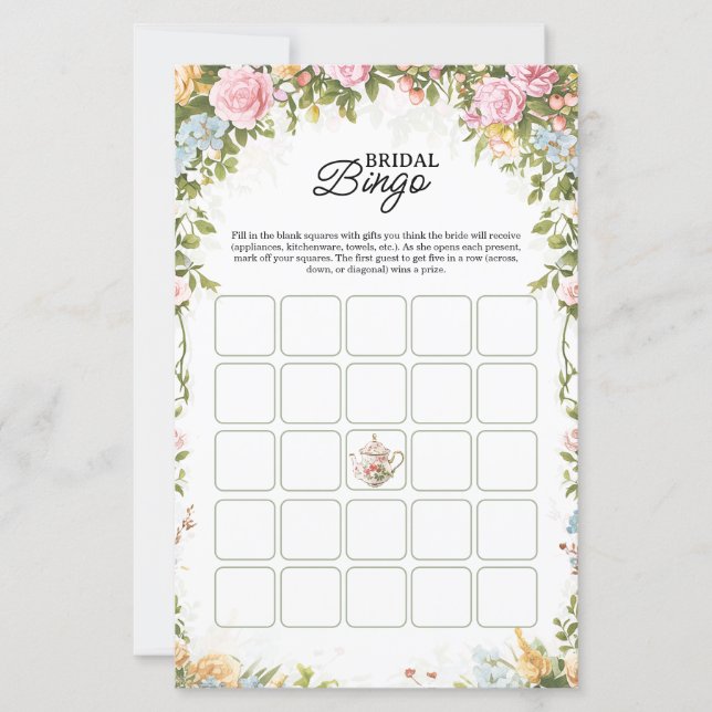 Bridal Shower Bingo Game Card Garden Party Theme (Frente)