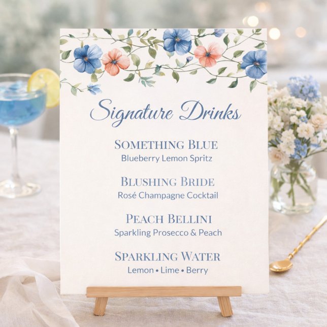 Bridal Shower Dusty Blue Floral Drink Menu (Criador carregado)