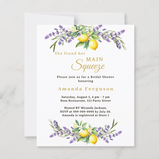 Bridal Shower lavender lemons squeeze invitation (Frente)
