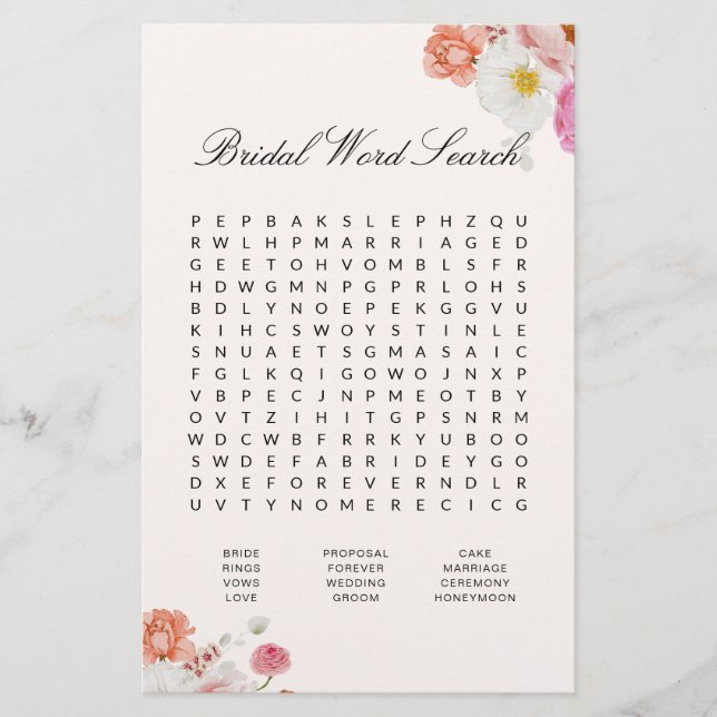 Bridal Shower Word Search Floral Game Card (Frente)
