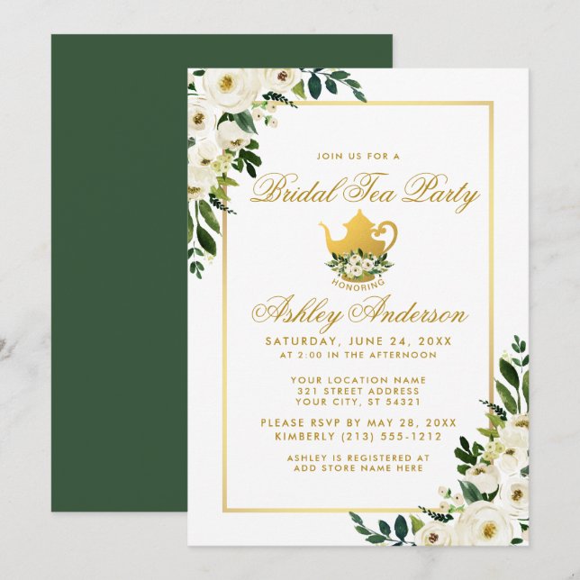 Bridal Tea Party Floral Green Convite Dourado G (Frente/Verso)