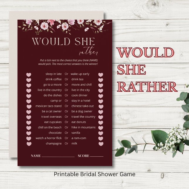 Bride in Bloom Would She Rather Bridal Shower Game (Criador carregado)